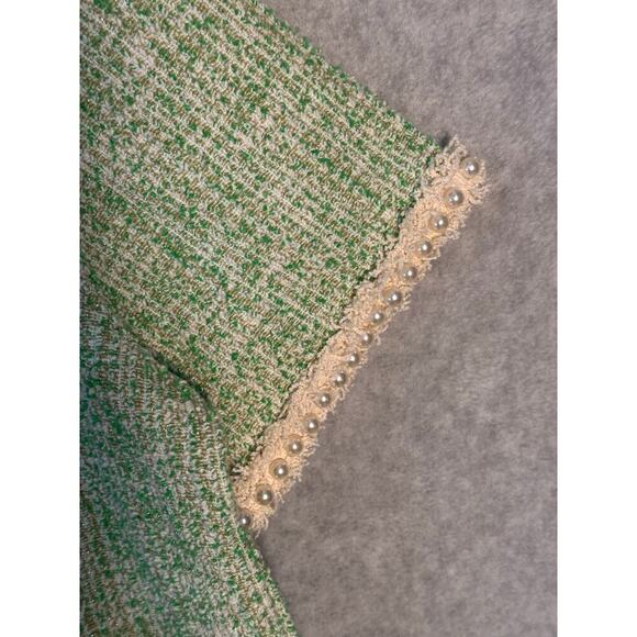 Orsay NWT Sz L Green Metallic Tweed Boucle Dress Pearl Neck & Cuff Royal Duchess - Picture 11 of 16